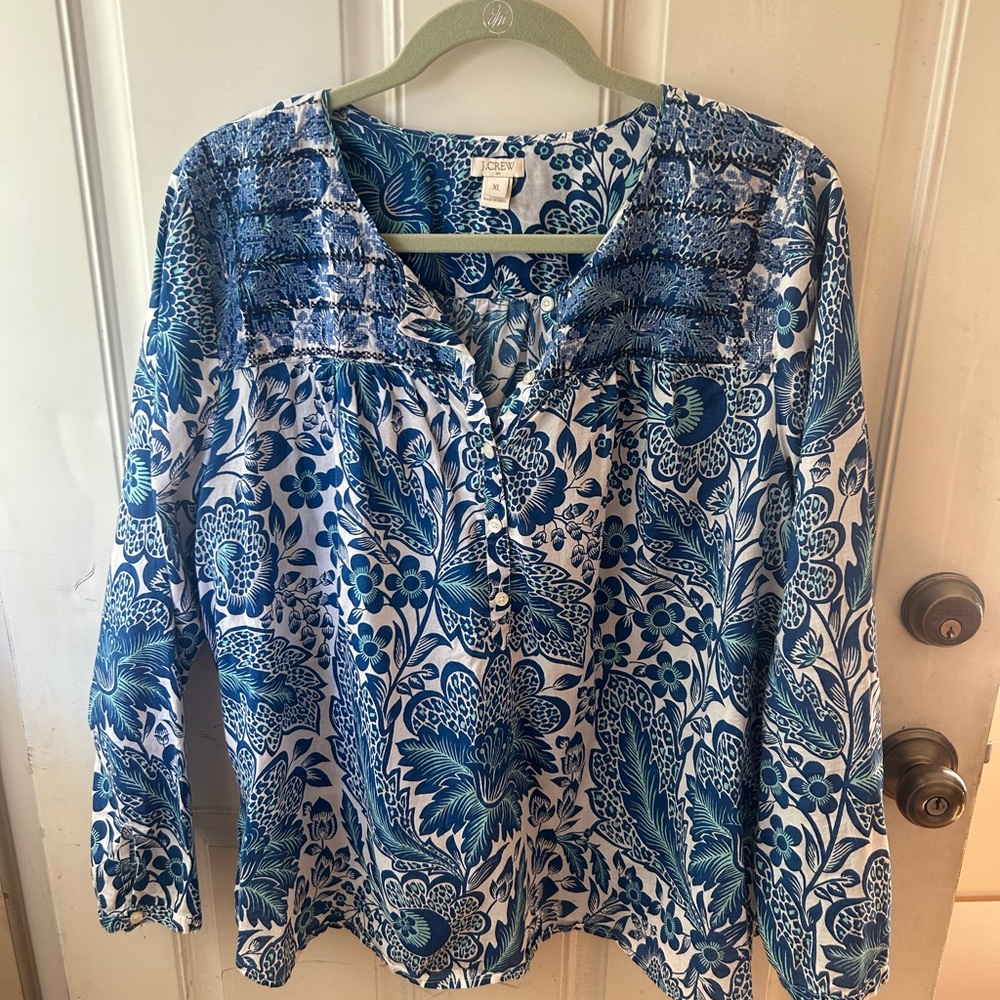 J. Crew Blue and White Floral Blouse